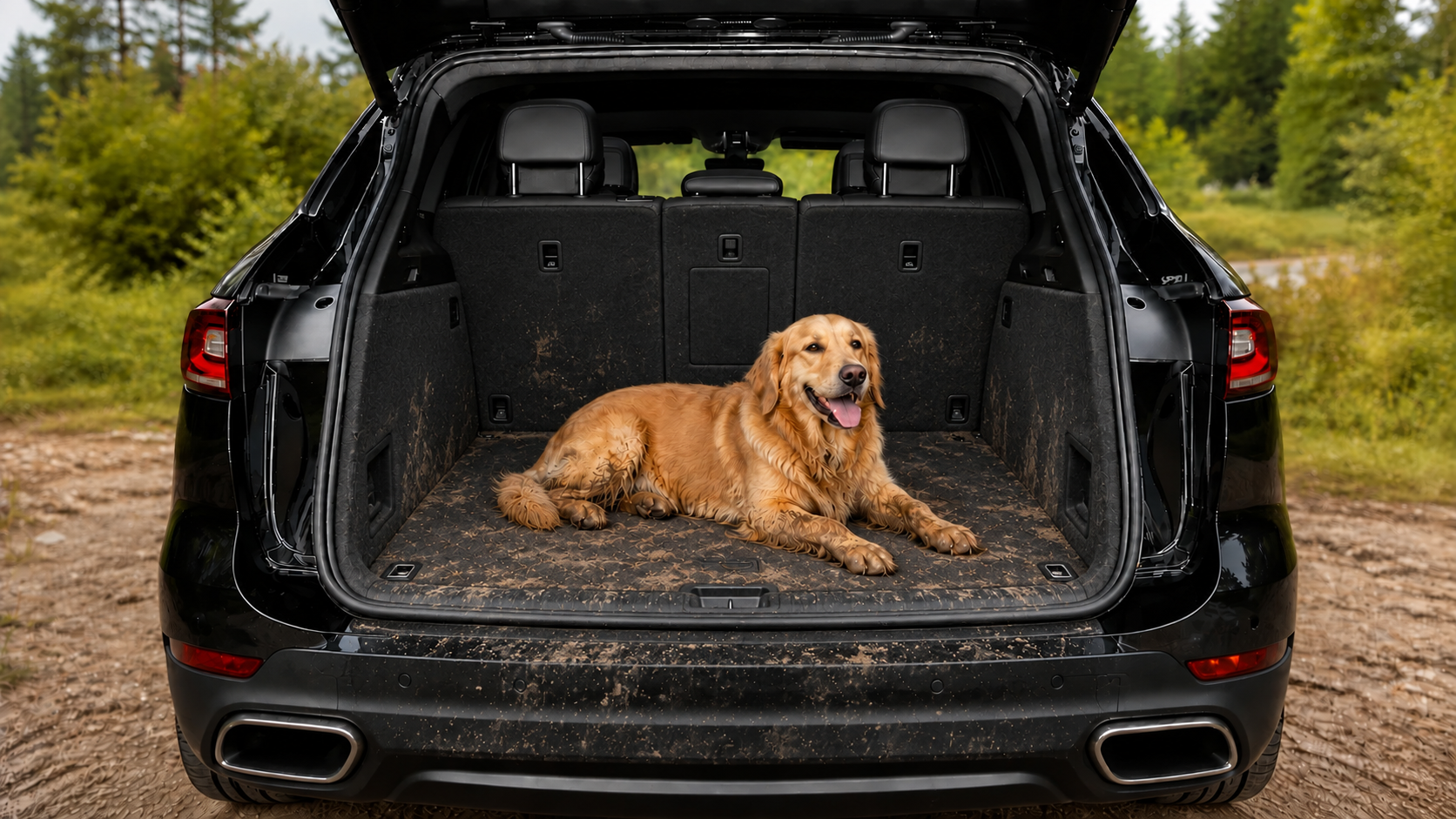 Derselbe Hund im selben Kofferraum ohne HeckHeld Schutzmatte