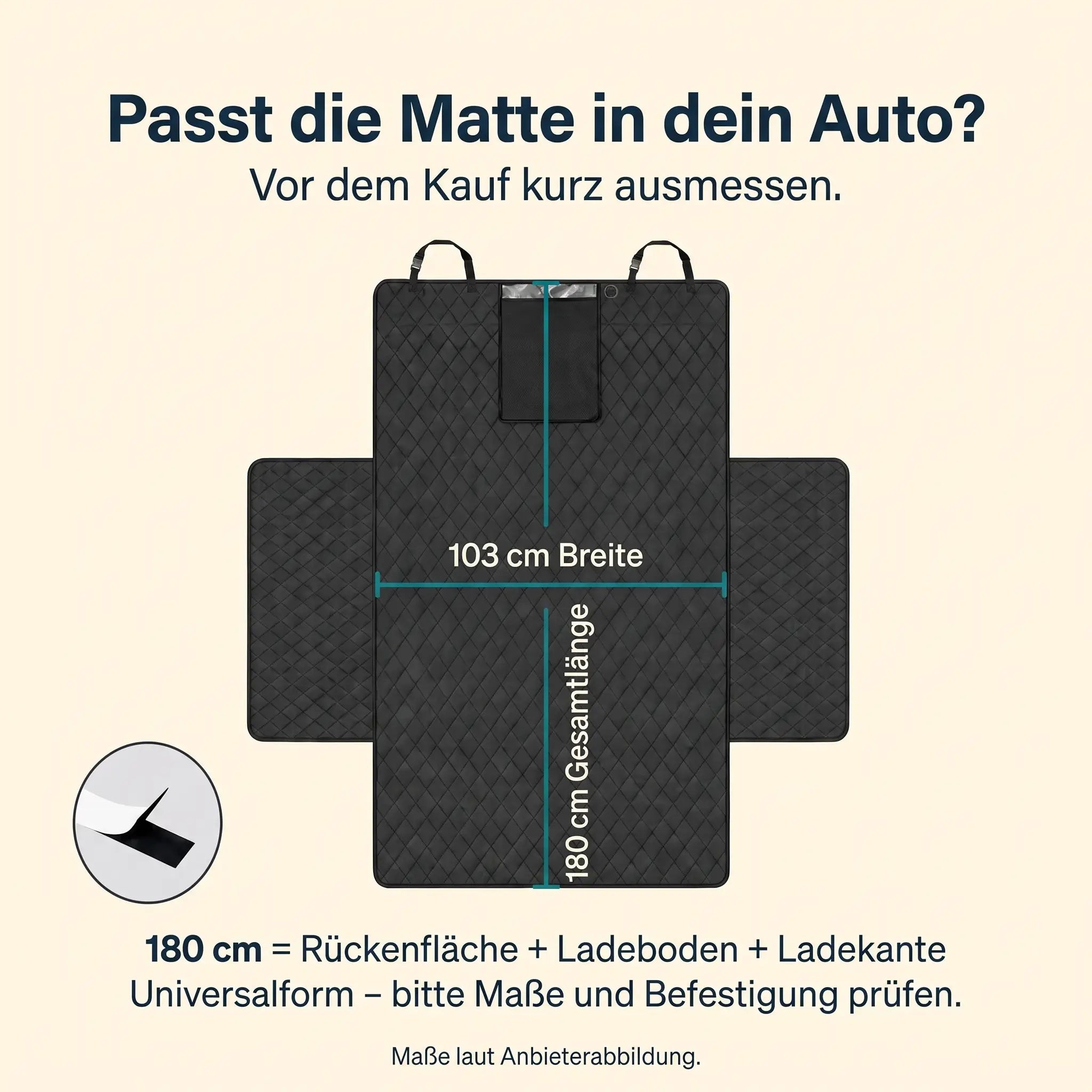 Passform prüfen: 103 cm Breite und 180 cm Gesamtlänge einschließlich Rückenfläche und Ladekante