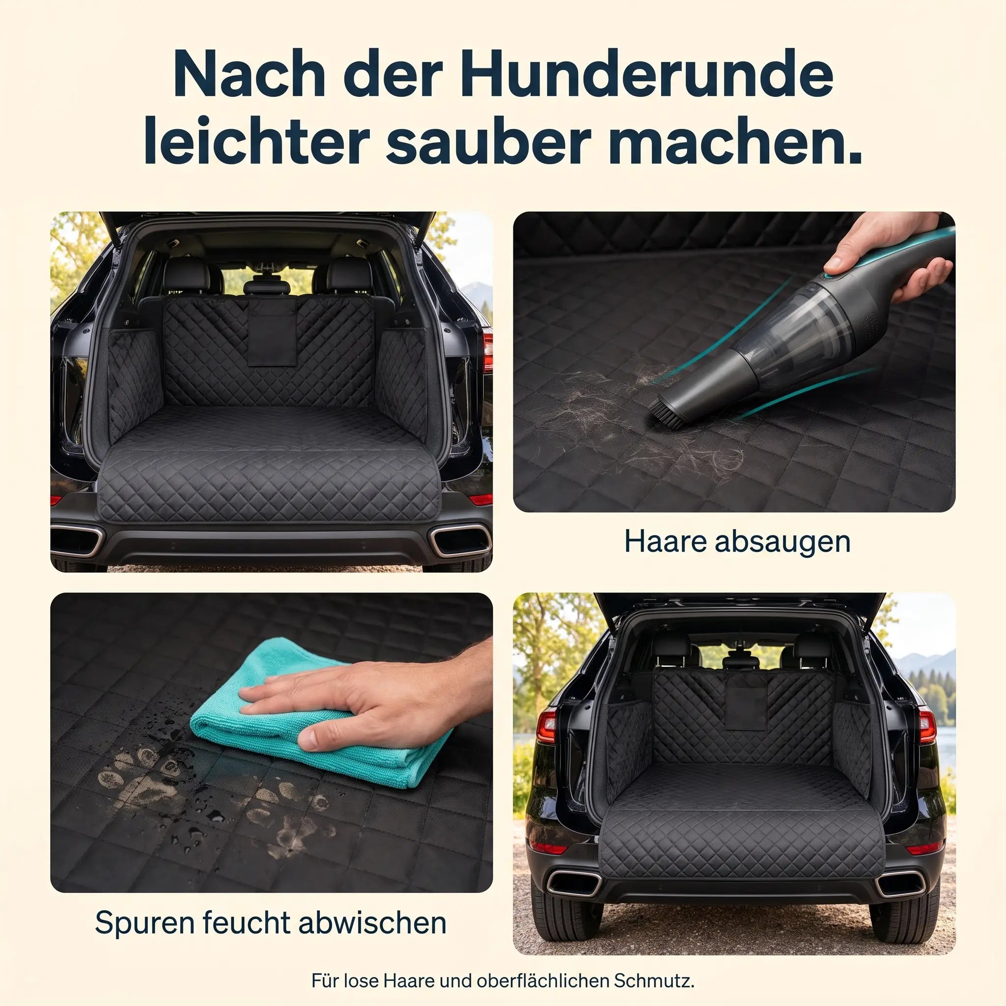 Pflege: Haare absaugen und oberflächlichen Schmutz feucht abwischen