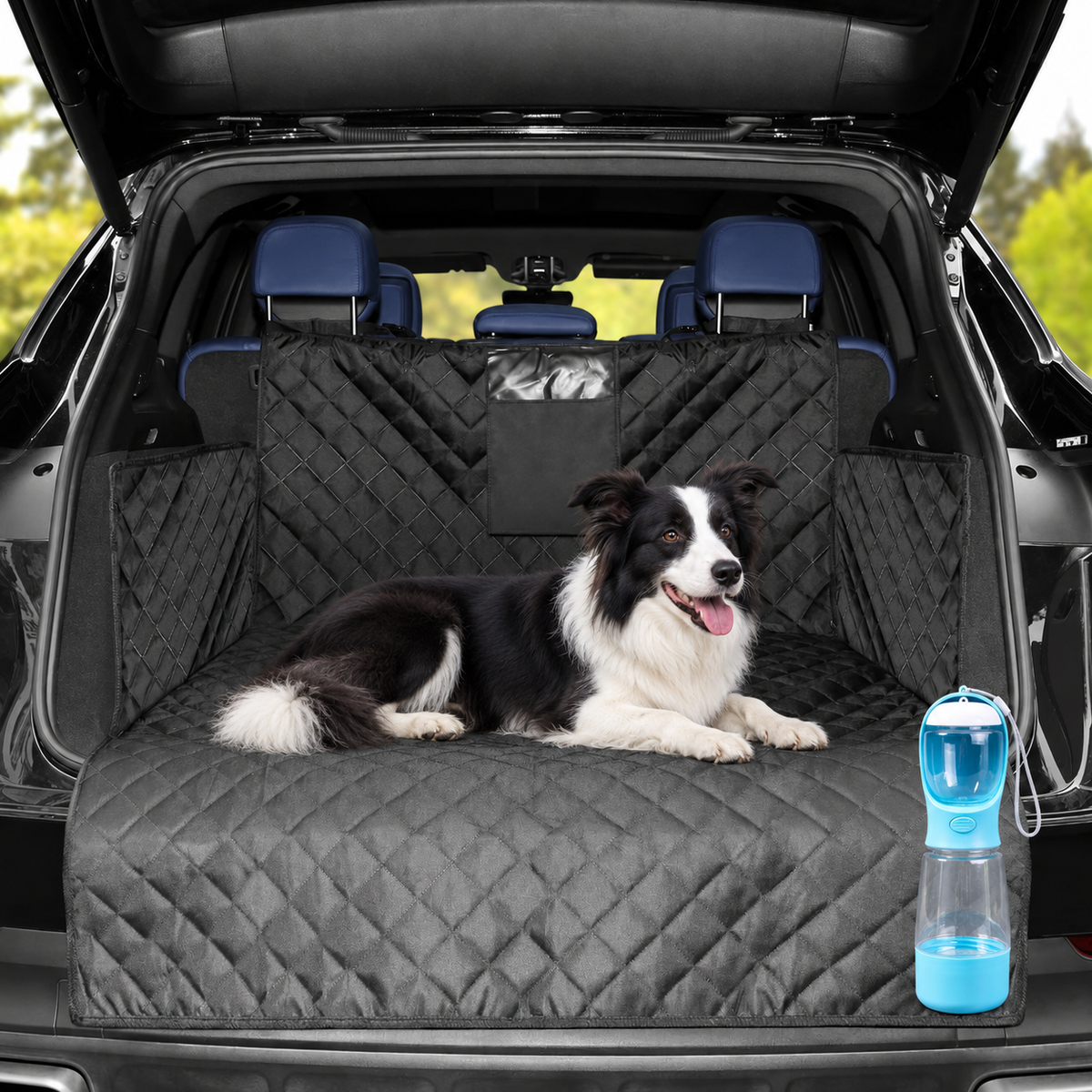 Pfotenfahrt Bundle mit Kofferraumschutz und Reiseflasche
