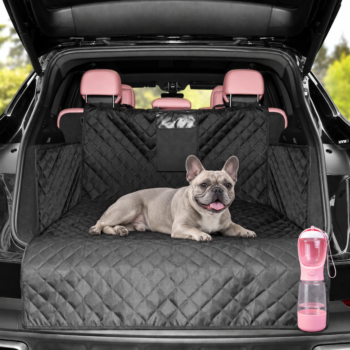Pfotenfahrt Bundle mit Kofferraumschutz und Reiseflasche