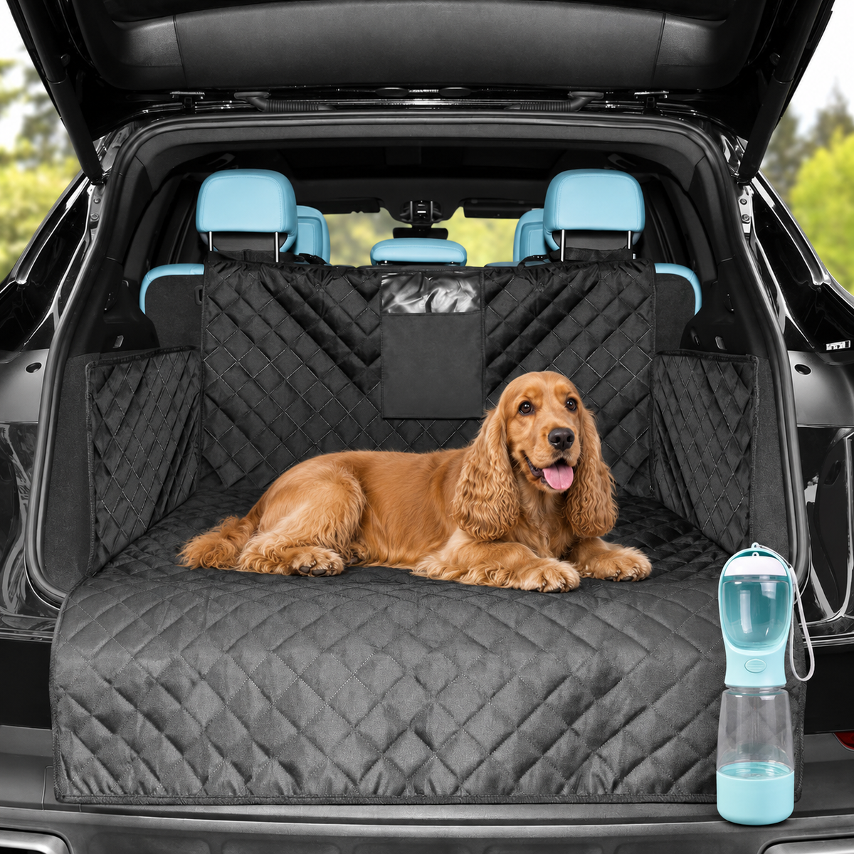 Pfotenfahrt Bundle mit Kofferraumschutz und Reiseflasche