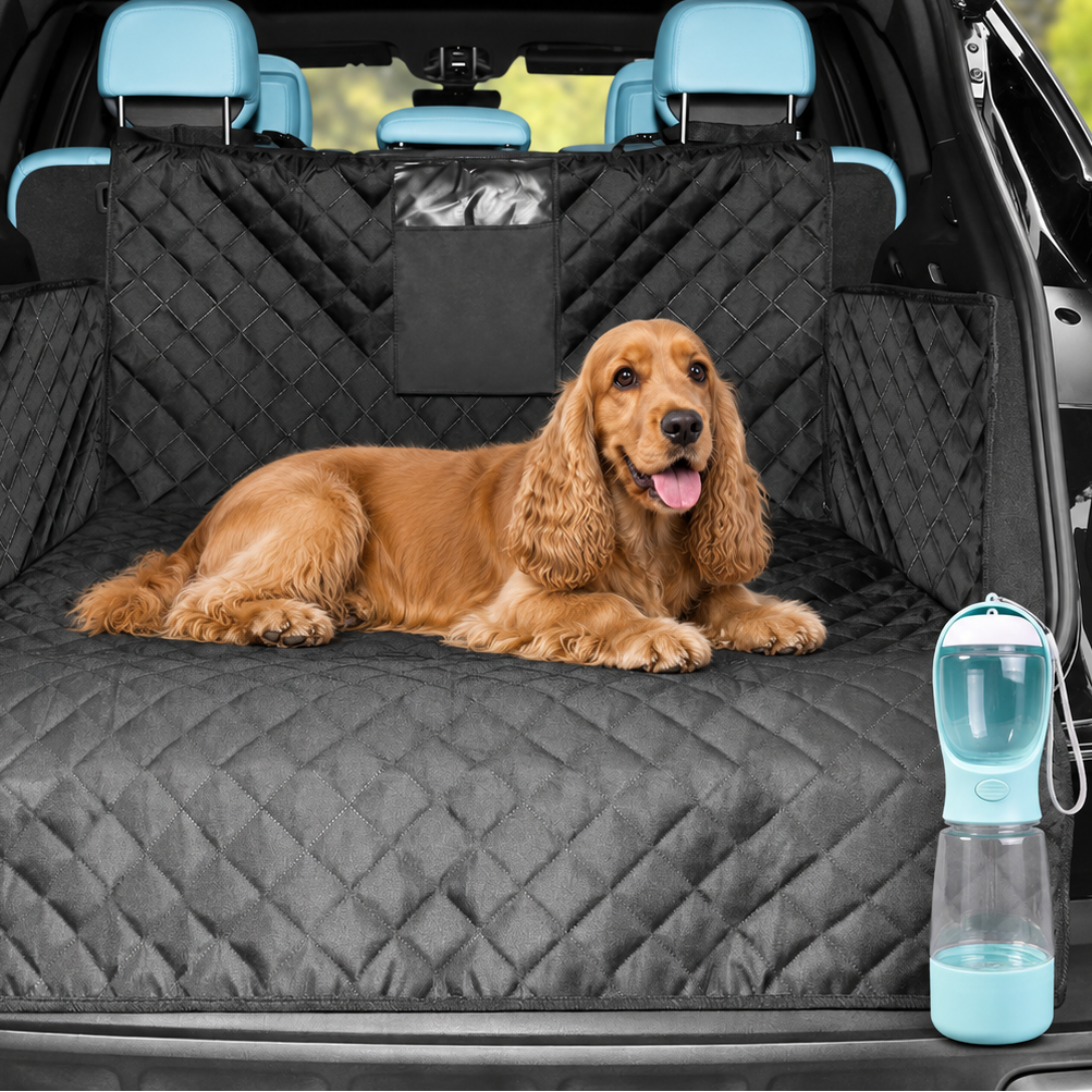 Produktvisualisierung von schwarzem Kofferraumschutz und farbiger Reiseflasche als Bundle