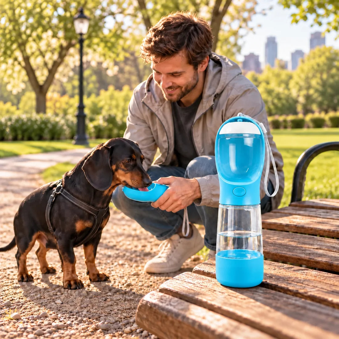 Hund trinkt unterwegs aus der dunkelblauen Reiseflasche
