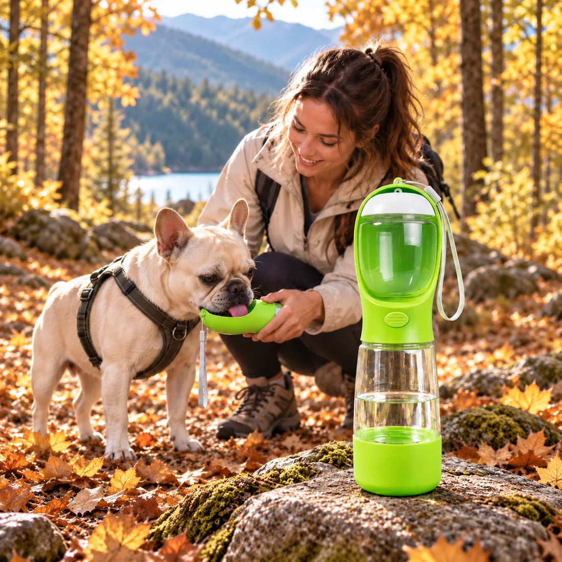 Hund trinkt unterwegs aus der senfgrünen Reiseflasche