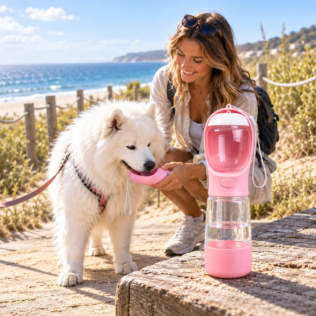 Hund trinkt unterwegs aus der rosa Reiseflasche